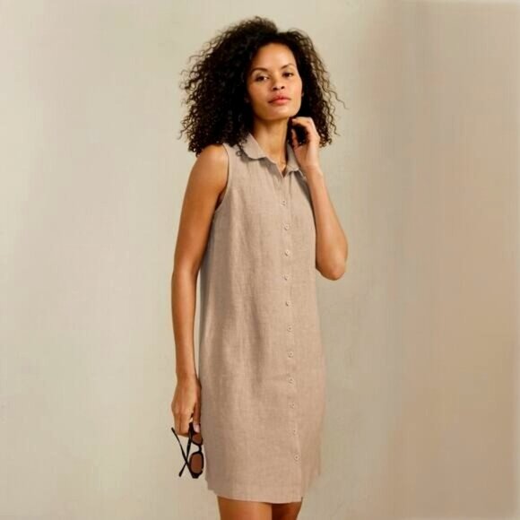 Garnet Hill Classic Linen Shirt Dress Sleeveless Sand Tan Mini Petite 14P  NWT
